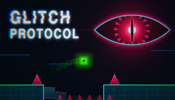 Glitch Protocol artwork with a neon eye, platforms and spikes